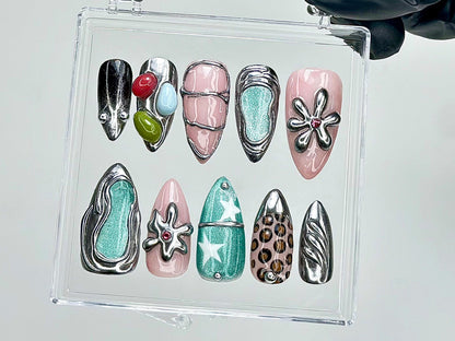 Bold Metallic Floral Press-On Nails Set