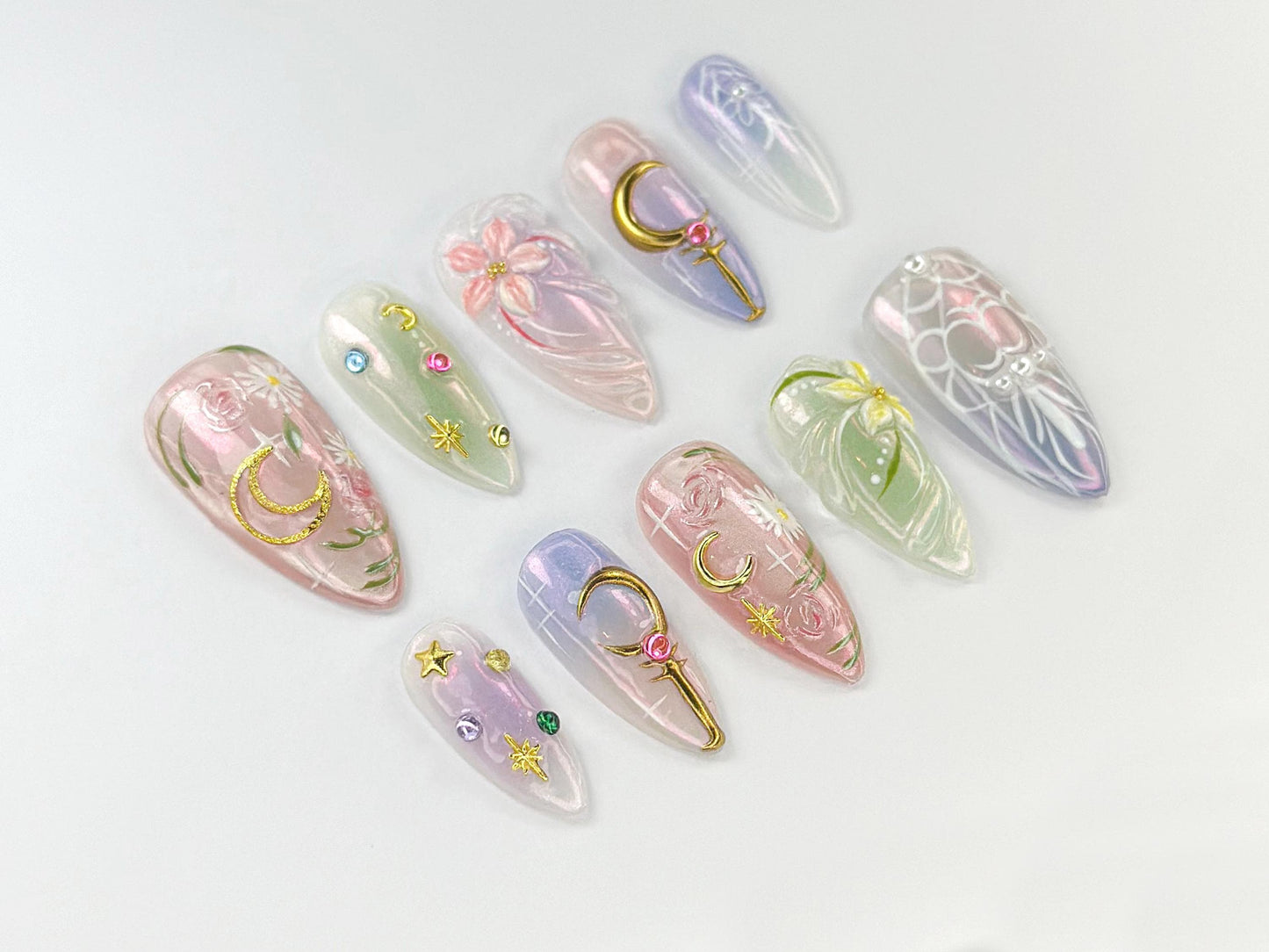 Whimsical Moon Floral Press On Nails Set