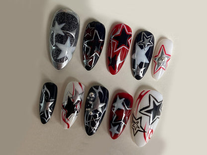 3D Star Press On Nails Red Black White
