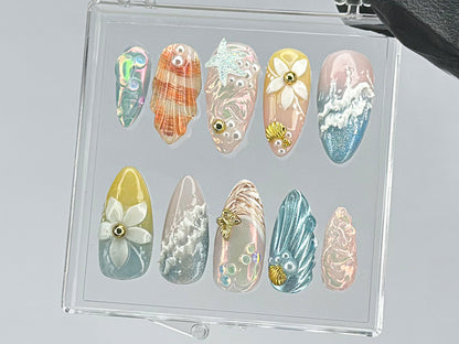 Ocean Bloom Shell 3D Press On Nail Set