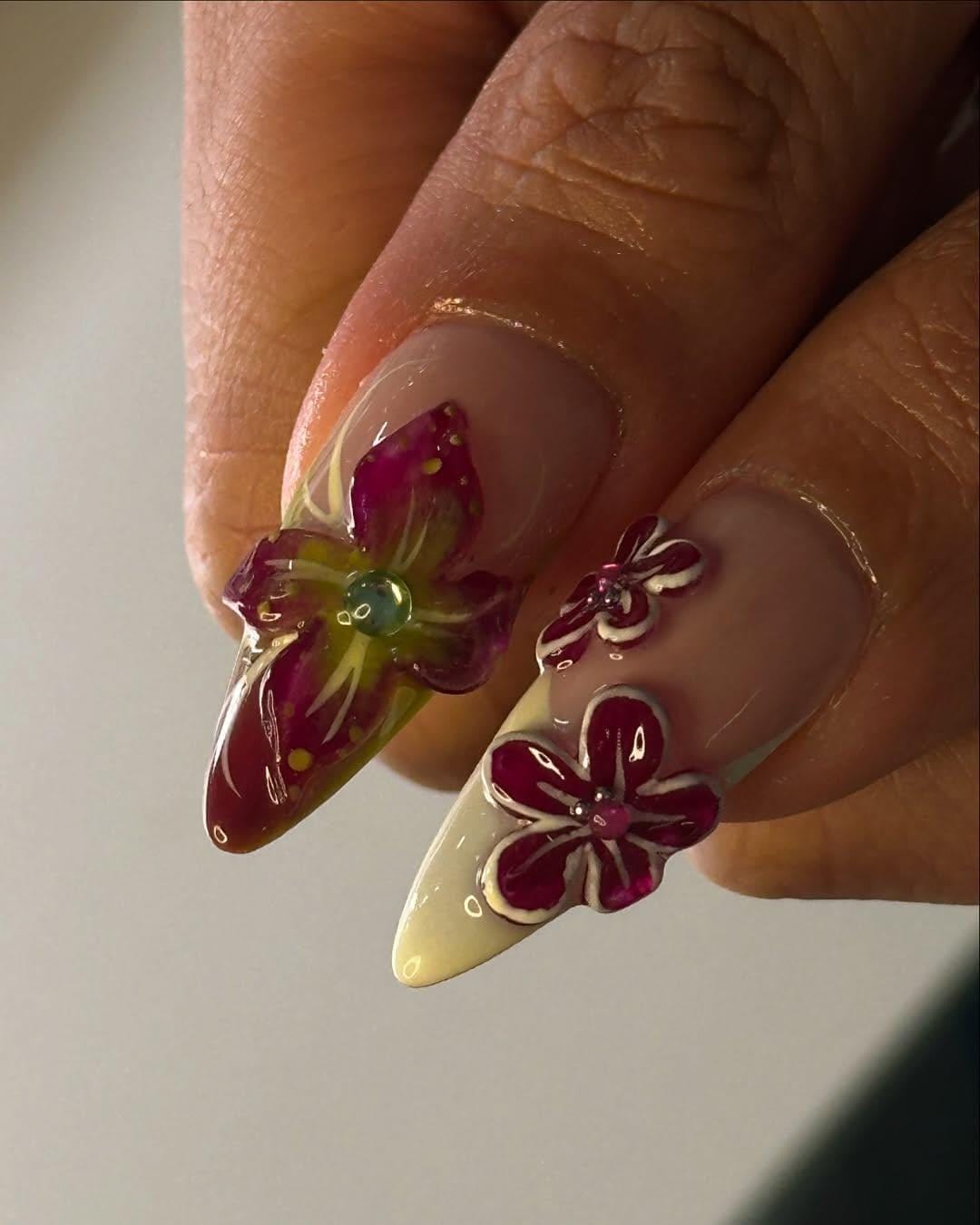 3D Floral Burgundy Pop Press On Nails