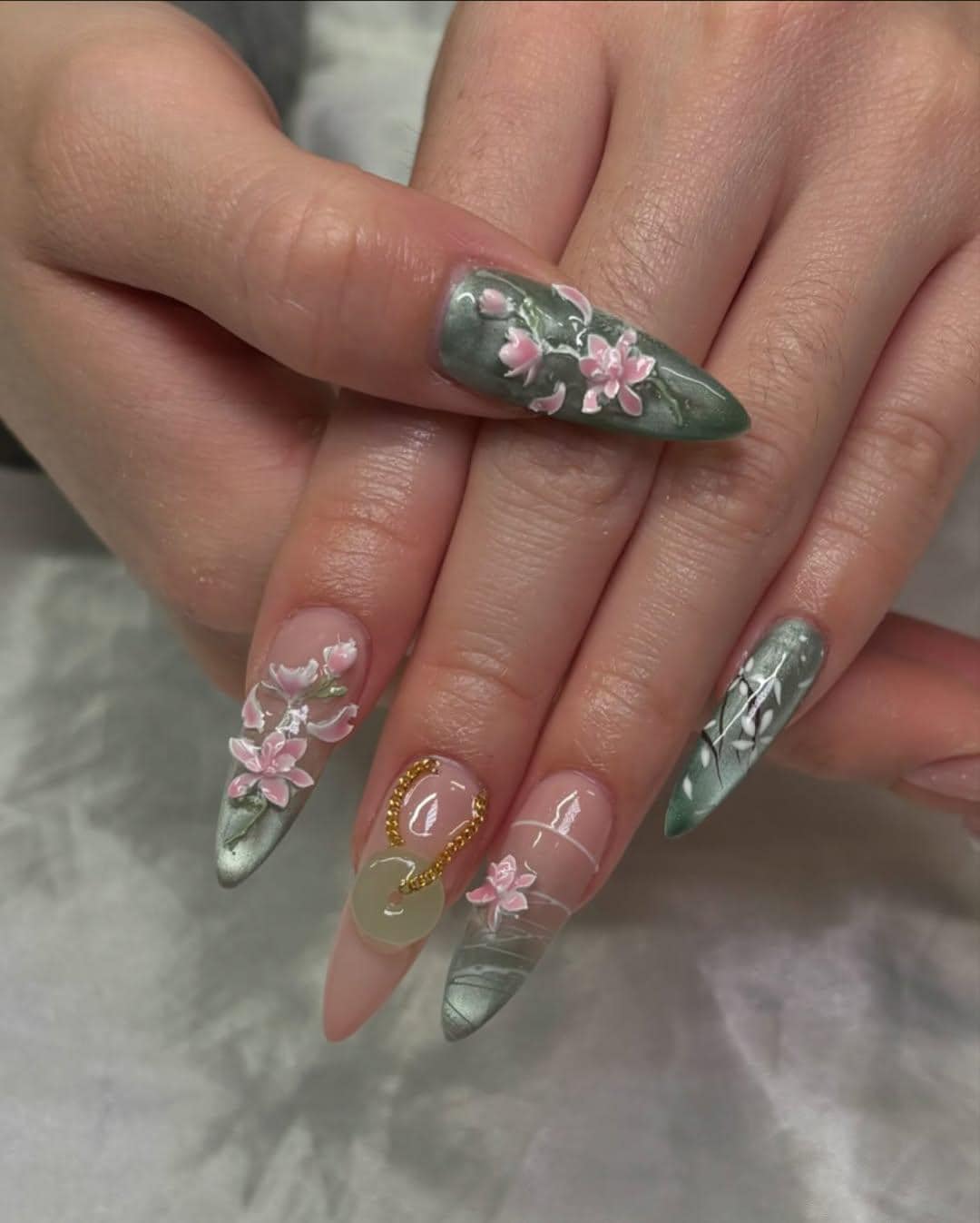 Jade Serpent Floral Press-On Nails with Mystic Elegance.
