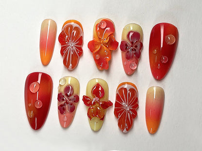 Vibrant Orange Flower Gel Nail Art Set