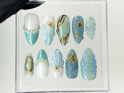 Mermaid Pearl Seashell Ocean Press On Nails
