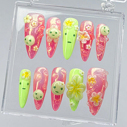 Kawaii Green Pink Press On Nails Cute Faces