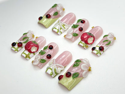 Apple Ladybug Garden Press-On Nails Set