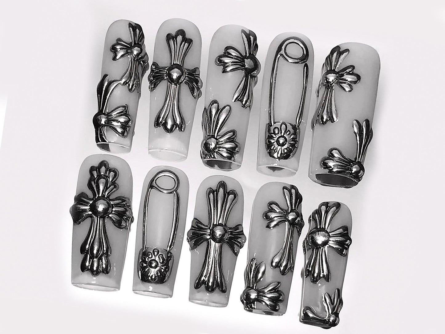 Gothic Chrome Cross Press On Nails Set
