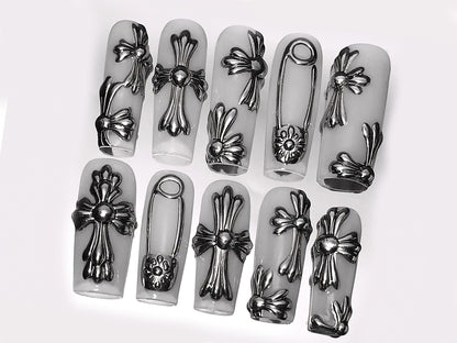 Gothic Chrome Cross Press On Nails Set