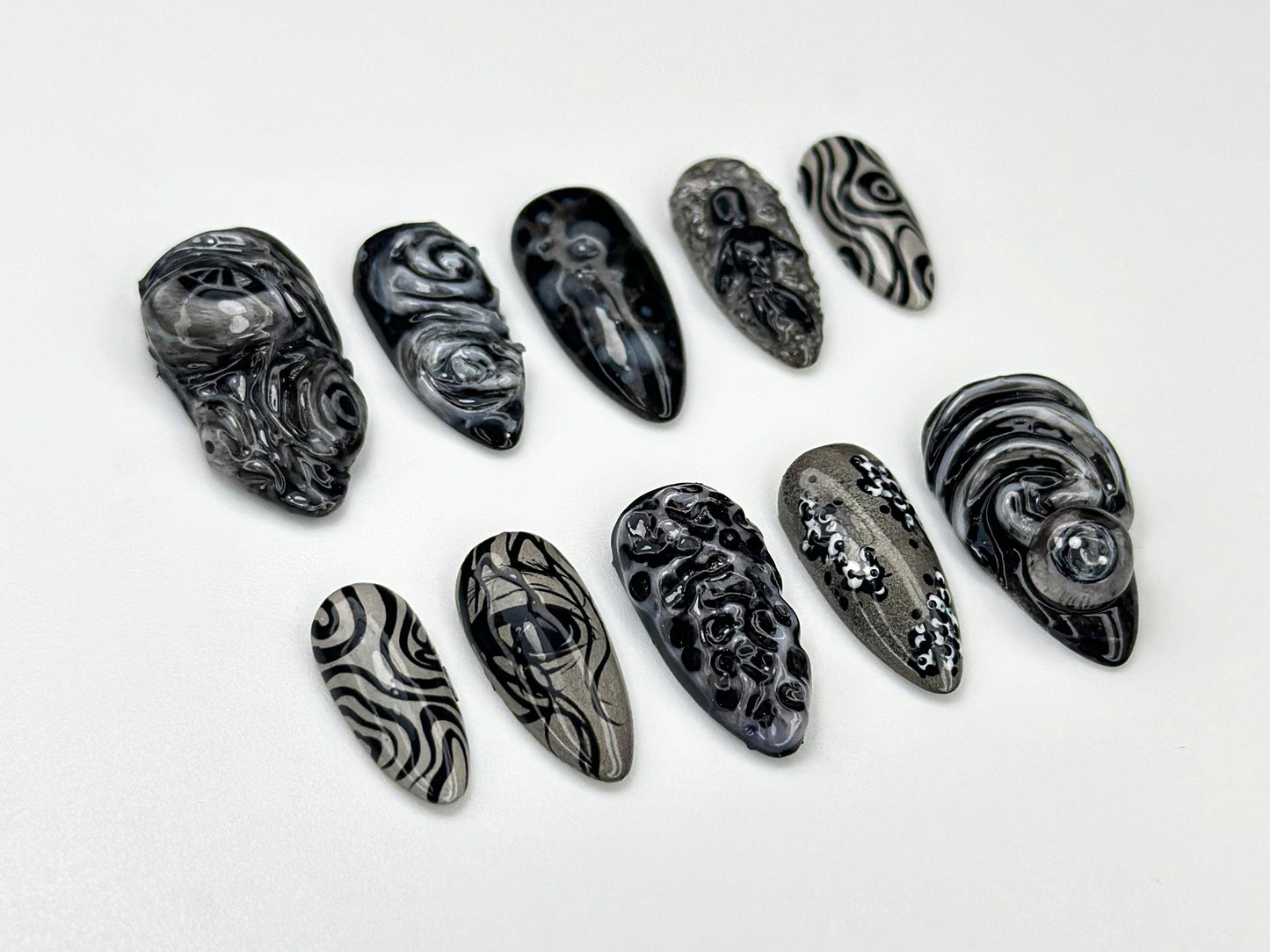 Abstract Black Chrome Swirl 3D Press On Nails