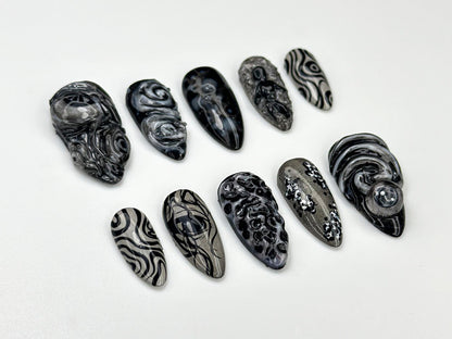 Abstract Black Chrome Swirl 3D Press On Nails