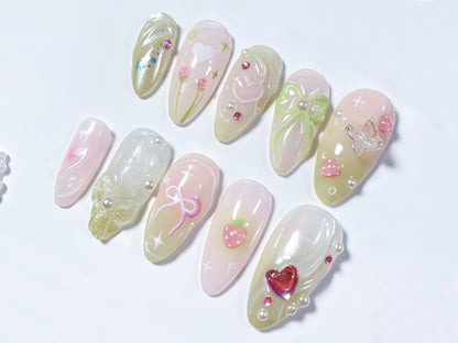 Pastel Jelly 3D Strawberry Heart Press On Nails