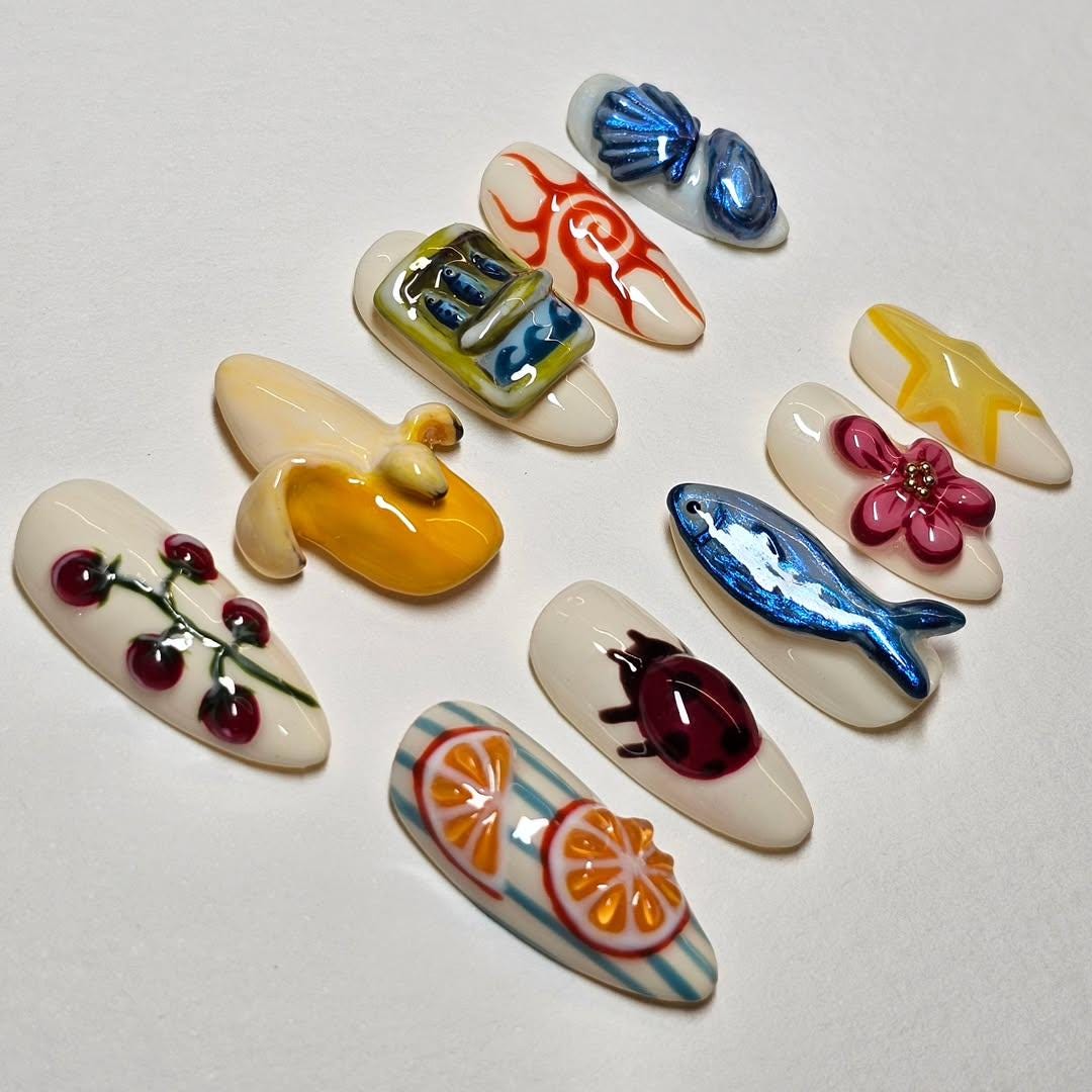 Vibrant 3D Nail Art Set - Unique Handcrafted Designs
