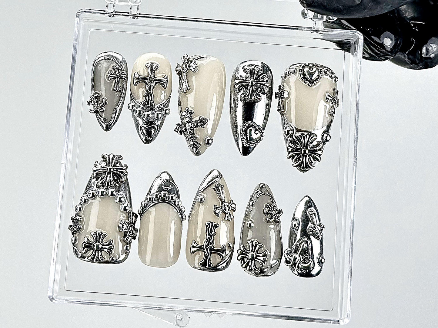 Gothic Chrome Cross Press On Nail Set