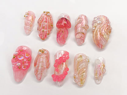 Mermaid Pink Gold Pearl 3D Press On Nails