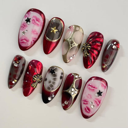 Red Gold Gothic Press On Nails Handmade Long Almond Set