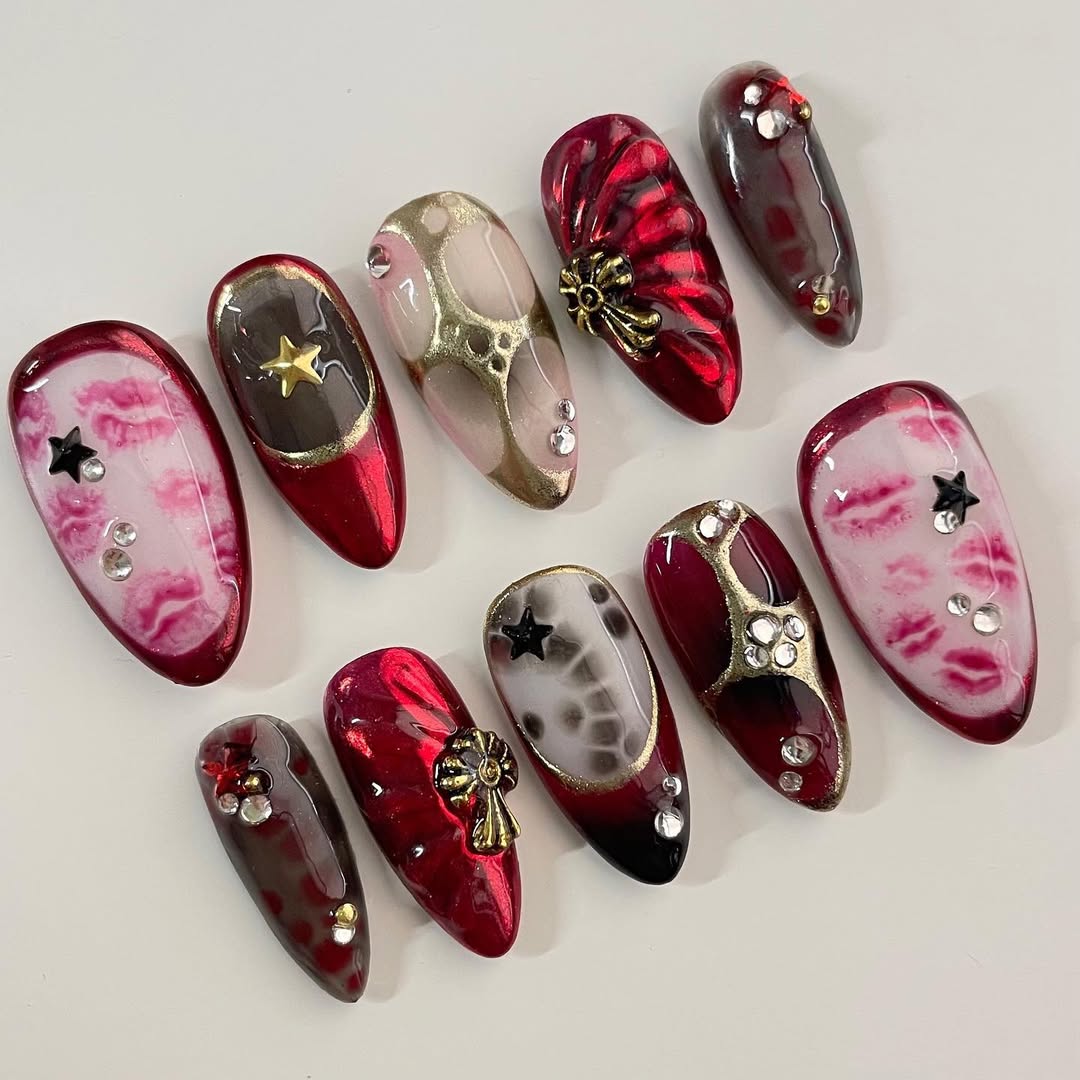 Red Gold Gothic Press On Nails Handmade Long Almond Set