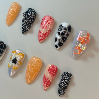 Abstract Art Press On Nails with 3D Floral and Bubble Texture Details