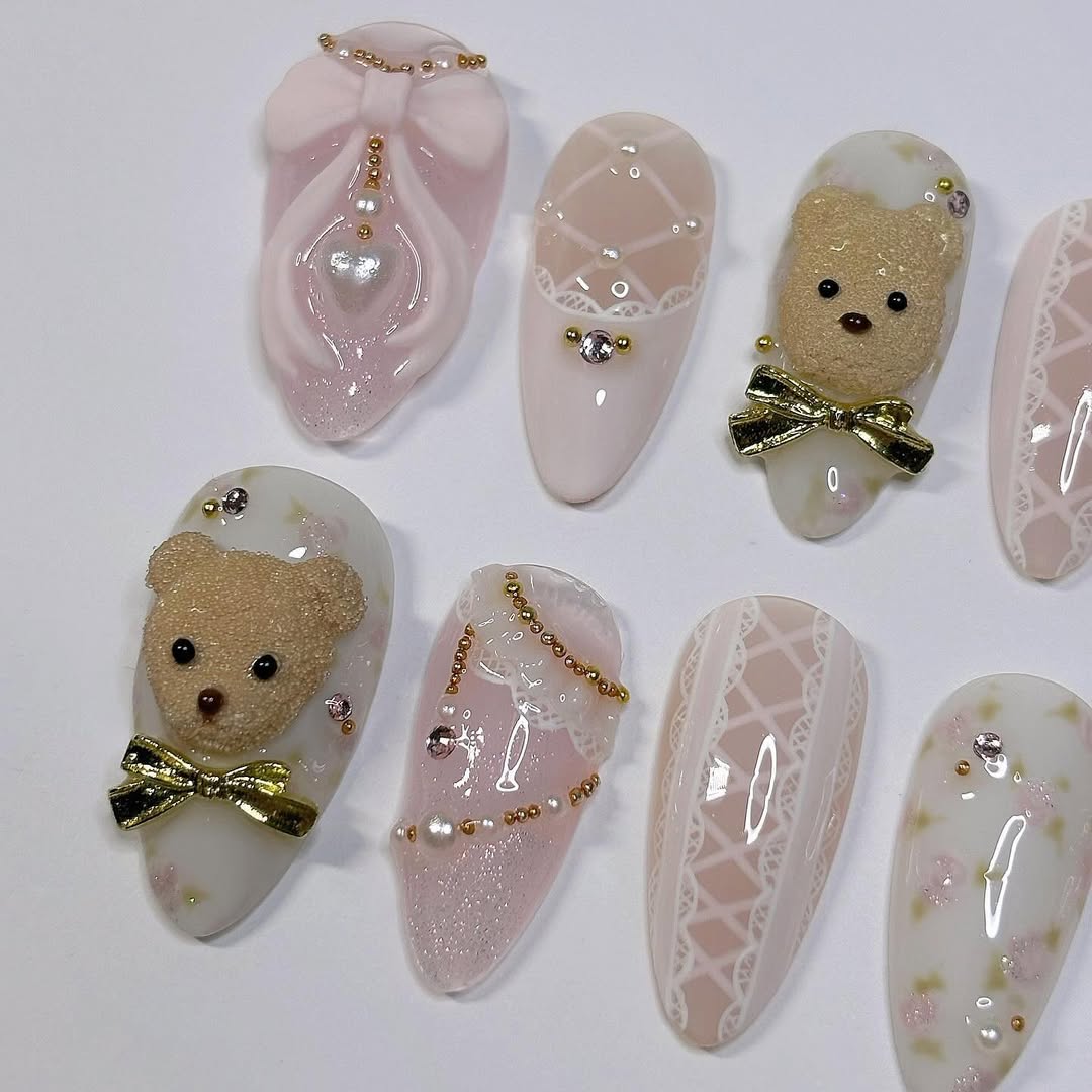Teddy Bear and Bow Press On Nails with Lace Details and Soft Pink Accents