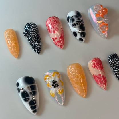 Abstract Art Press On Nails with 3D Floral and Bubble Texture Details