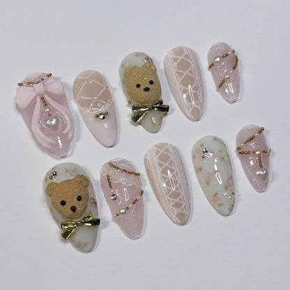 Teddy Bear and Bow Press On Nails with Lace Details and Soft Pink Accents