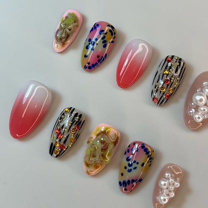Pink Gradient Abstract Press On Nails with 3D Pearl and Artistic Design