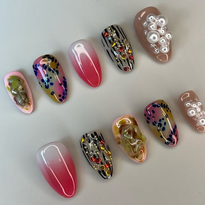 Pink Gradient Abstract Press On Nails with 3D Pearl and Artistic Design