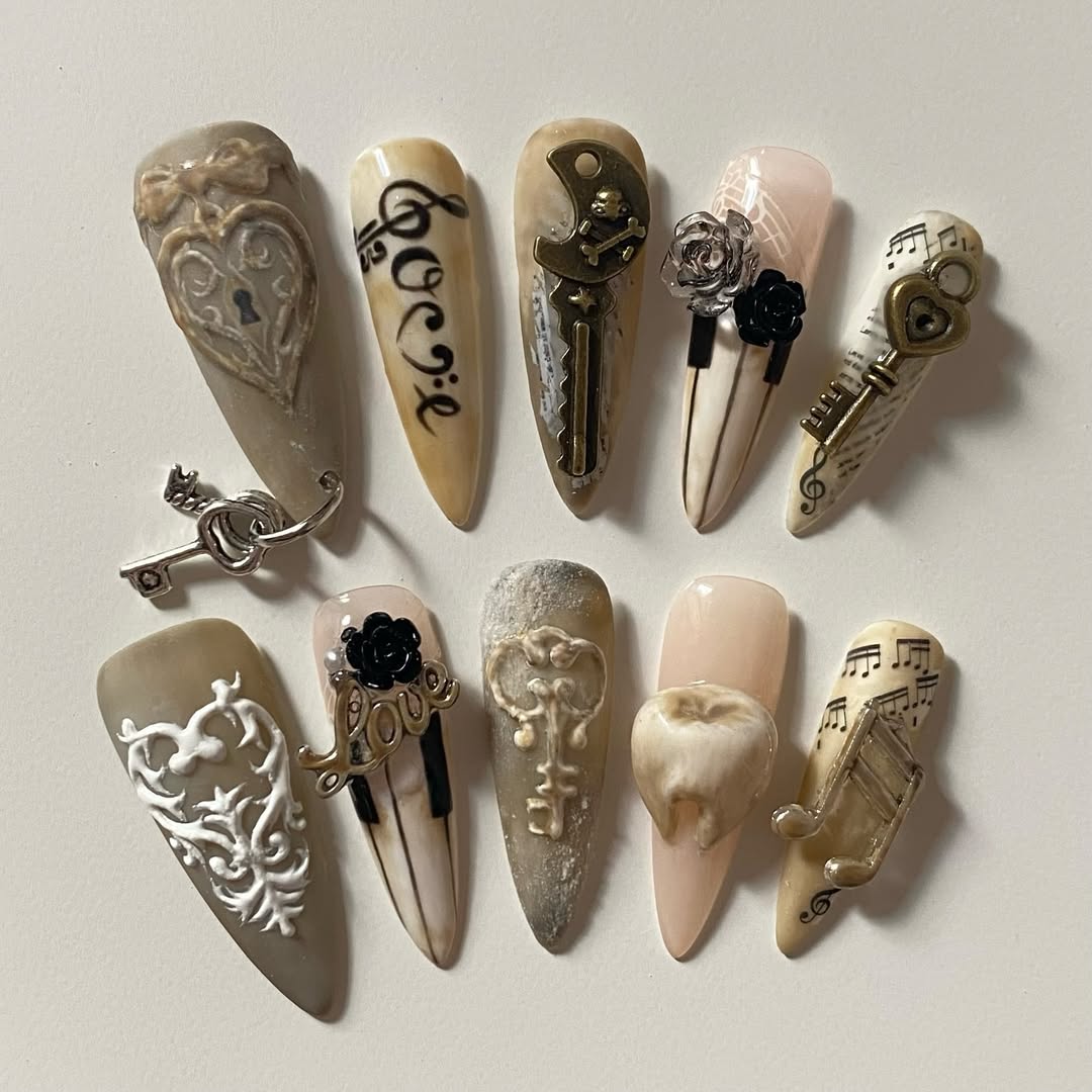 Vintage Key and Rose Handmade Press-On Nails with Artistic Details