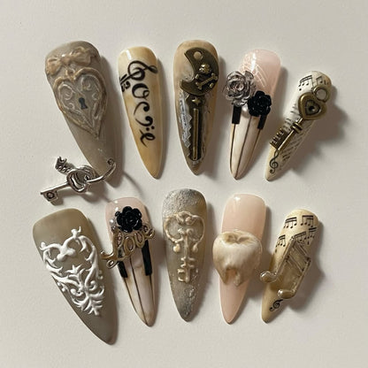 Vintage Key and Rose Handmade Press-On Nails with Artistic Details
