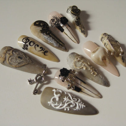Vintage Key and Rose Handmade Press-On Nails with Artistic Details