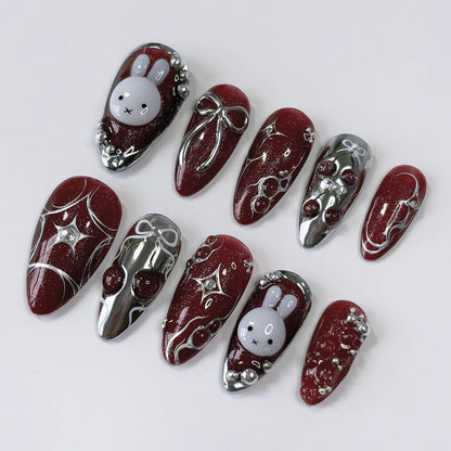 Red Chrome Bunny Press On Nails with Bow and Star Details
