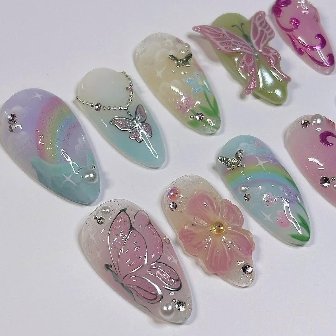 Pastel Butterfly Garden Press On Nails with 3D Flower and Rainbow Art