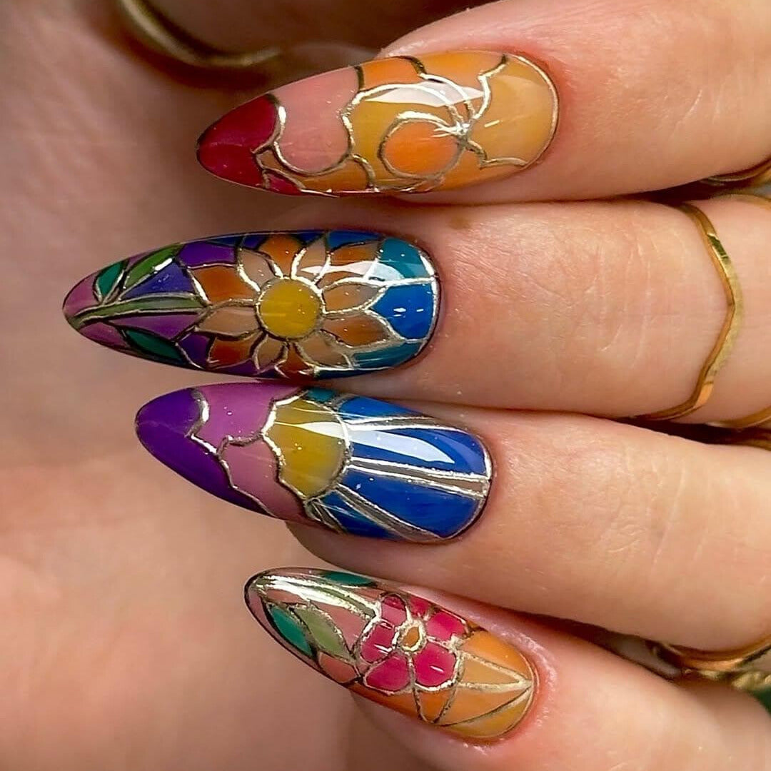 Stained Glass Floral Press On Nails Set