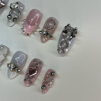 Pink and Silver Gothic Bow Press On Nails with Heart and Cross Charm Details
