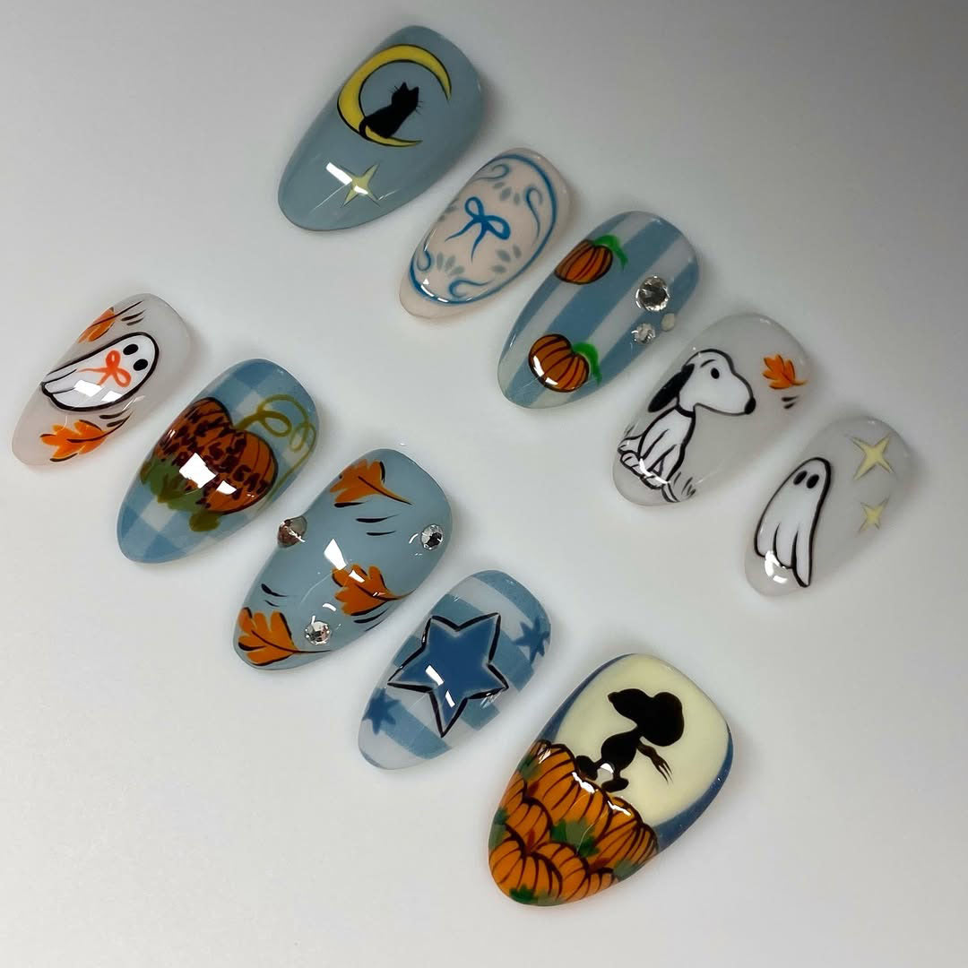 Halloween Snoopy Pumpkin Ghost Cat Moon Autumn Leaves Nails