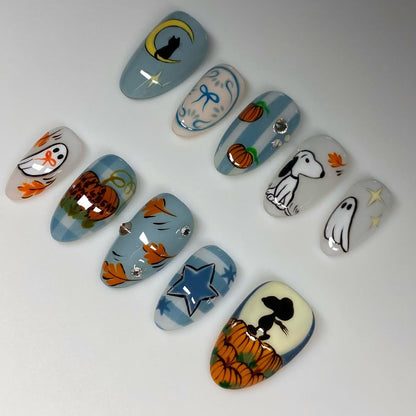 Halloween Snoopy Pumpkin Ghost Cat Moon Autumn Leaves Nails
