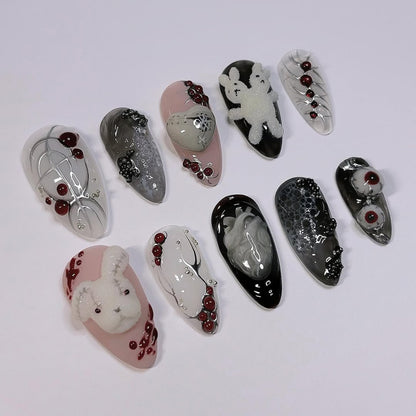 Gothic Bunny and Heart Press On Nails with Black and Pink Art