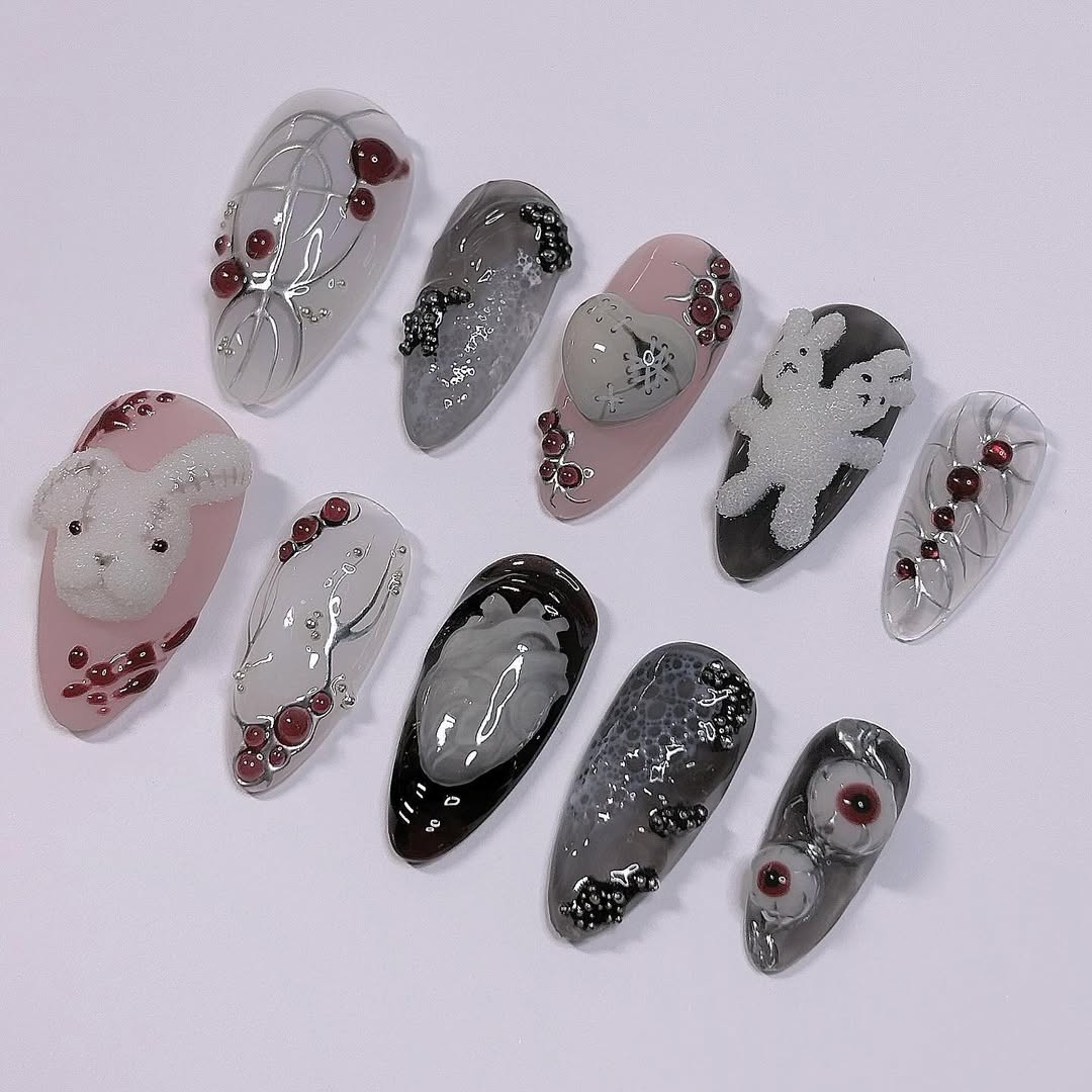 Gothic Bunny and Heart Press On Nails with Black and Pink Art