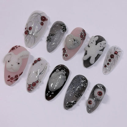 Gothic Bunny and Heart Press On Nails with Black and Pink Art