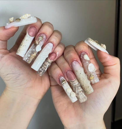 Seashell and Pearl Press On Nails with 3D Detailing