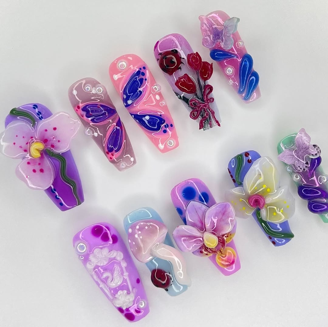 Colorful Floral Press On Nails Long 3D Art Set