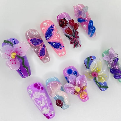 Colorful Floral Press On Nails Long 3D Art Set