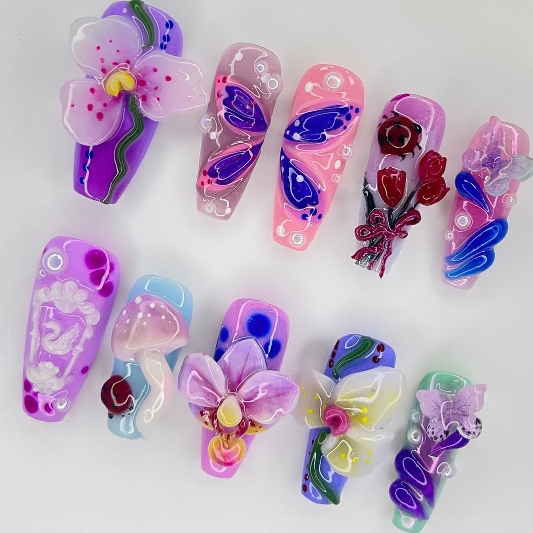 Colorful Floral Press On Nails Long 3D Art Set