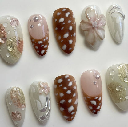 Autumn Leaf and Floral Press On Nails with Brown and Ivory Textured Design