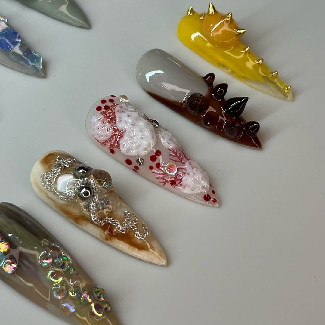 Mixed Texture Artistic Press On Nails with Metallic Spikes and 3D Abstract Details