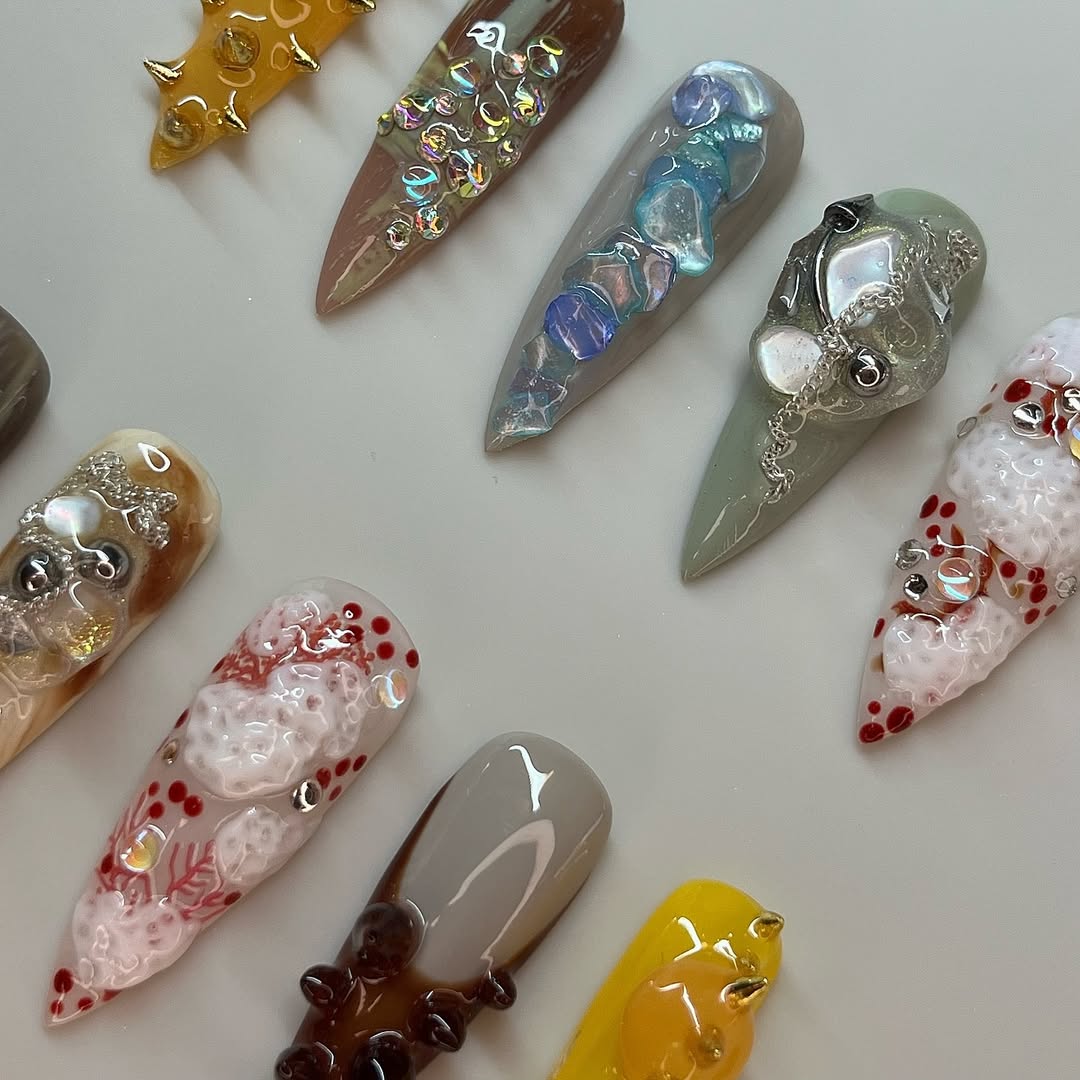 Mixed Texture Artistic Press On Nails with Metallic Spikes and 3D Abstract Details