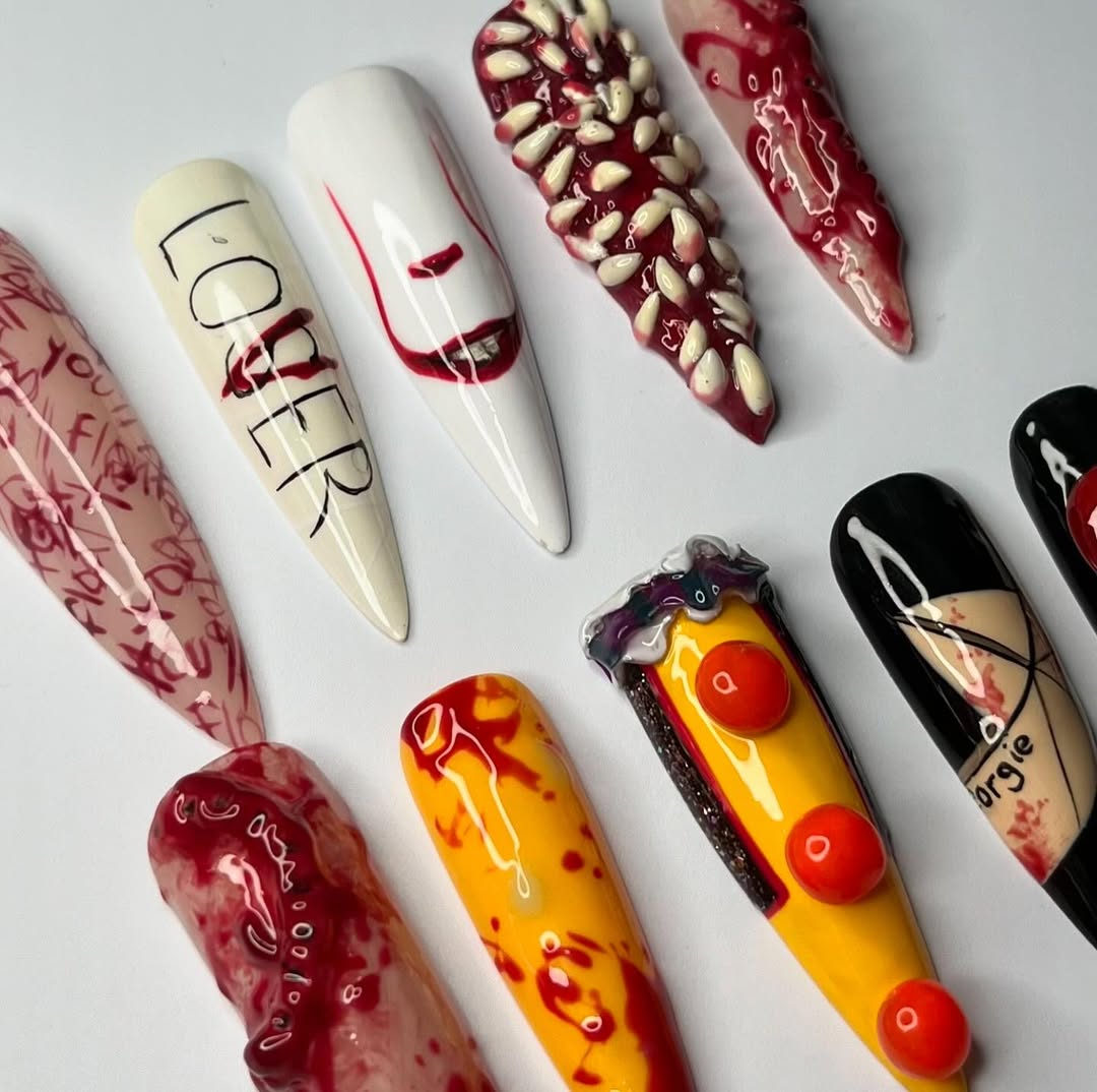 IT Pennywise Horror Press-On Nails with Clown, Blood, and Balloon Designs