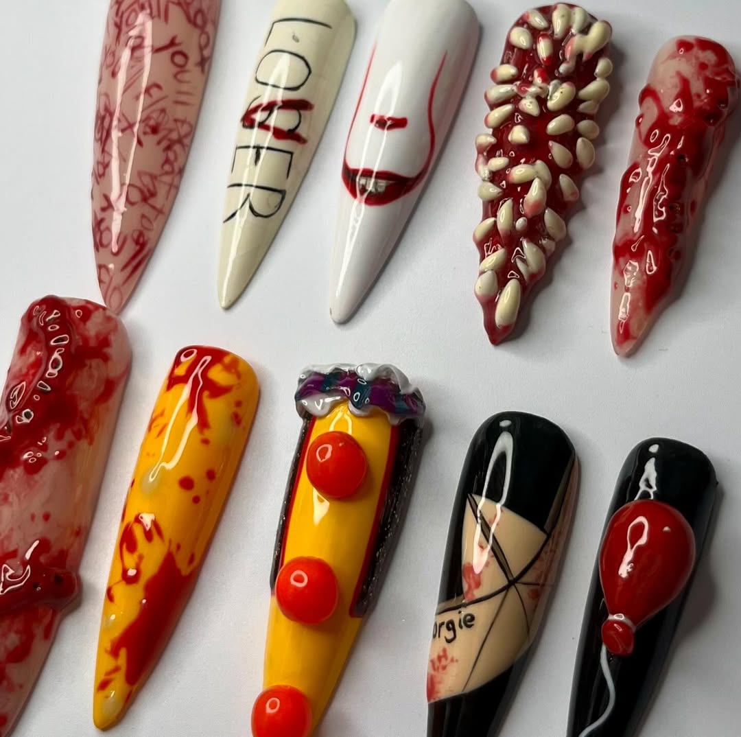 IT Pennywise Horror Press-On Nails with Clown, Blood, and Balloon Designs