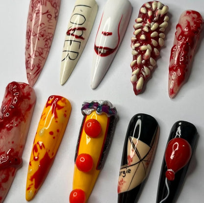 IT Pennywise Horror Press-On Nails with Clown, Blood, and Balloon Designs