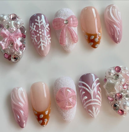 Pink Candy Press On Nail Set Winter Bow Sweet Style