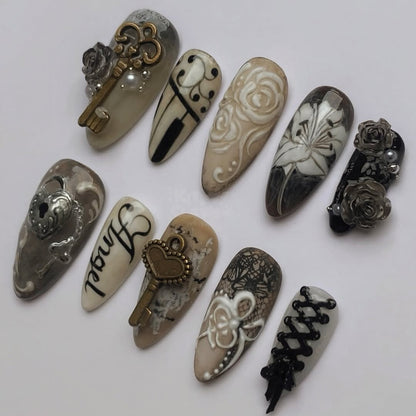 Vintage Angel Press-On Nails with Roses, Keys, and Lace Details
